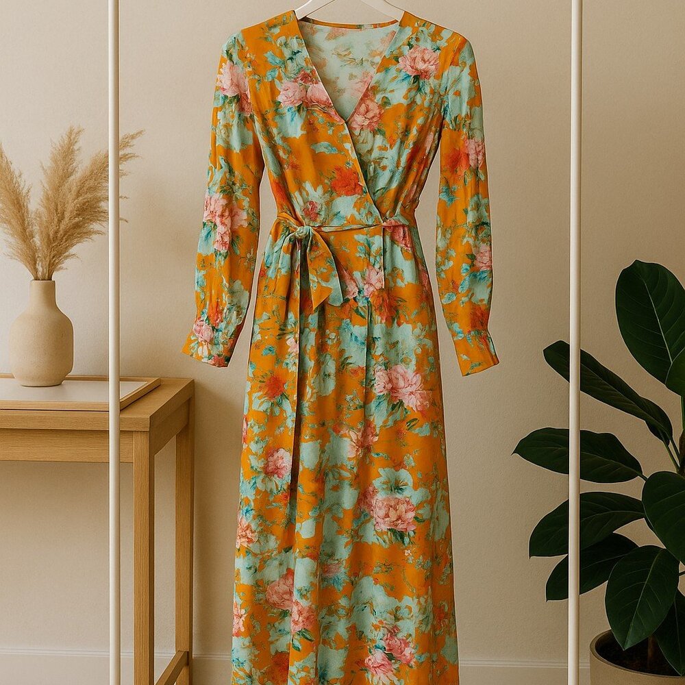 Floral Long Sleeve Wrap Midi Dress – Mustard with Vintage Vibes